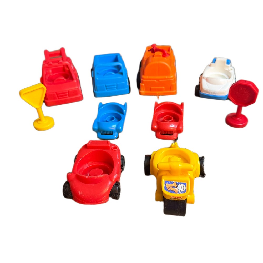 Fisher Price Little People Vehicle Lot Cars Trucks Motorcycle Signs 10pc Set